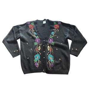 Vintage Rainbow Black Knit Sweater Embroidered Flowers Long Sleeve Women's Large